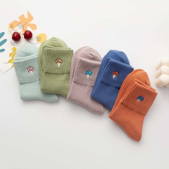 Embroidered Mushroom Ribbed Mid Calf Y2K Cotton Socks - Picture 11 of 15